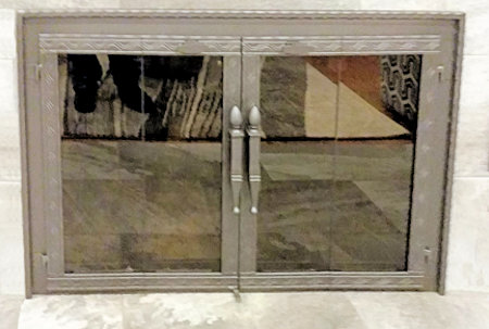 Halifax Haceinda All charcoal (darken steel) finish with Santa Fe Wave hammered edge Vice bi doors,  hacienda handles, standard smoke glass, as well as half inch  hammer and grove molding